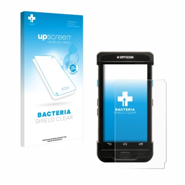 Parte frontal de un envase de producto con el logotipo de la marca upscreen. Al lado se muestra el dispositivo Opticon H-31 co