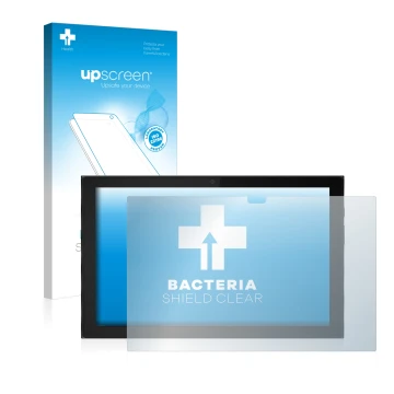 Parte frontal de un envase de producto con el logotipo de la marca upscreen. Al lado se muestra el dispositivo Lenovo IdeaPad 