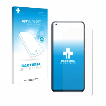 Parte frontal de un envase de producto con el logotipo de la marca upscreen. Al lado se muestra el dispositivo Vivo X50 con su