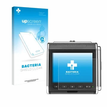 Parte frontal de un envase de producto con el logotipo de la marca upscreen. Al lado se muestra el dispositivo Hasselblad CFV 
