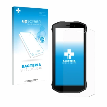 Parte frontal de un envase de producto con el logotipo de la marca upscreen. Al lado se muestra el dispositivo Evolveo Strongp