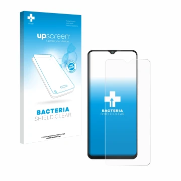 Parte frontal de un envase de producto con el logotipo de la marca upscreen. Al lado se muestra el dispositivo Cubot Note 20 c