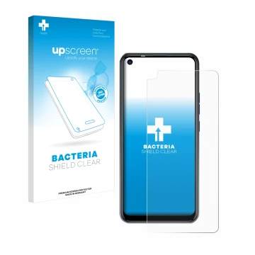 Parte frontal de un envase de producto con el logotipo de la marca upscreen. Al lado se muestra el dispositivo Tecno Spark 5 P