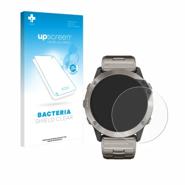 Parte frontal de un envase de producto con el logotipo de la marca upscreen. Al lado se muestra el dispositivo Garmin quatix 6