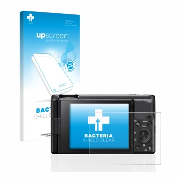 Parte frontal de un envase de producto con el logotipo de la marca upscreen. Al lado se muestra el dispositivo Sony ZV-1 con s