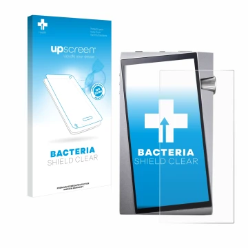 Parte frontal de un envase de producto con el logotipo de la marca upscreen. Al lado se muestra el dispositivo Astell&Kern A&n