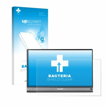 Parte frontal de un envase de producto con el logotipo de la marca upscreen. Al lado se muestra el dispositivo ASUS ZenScreen 