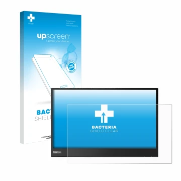 Parte frontal de un envase de producto con el logotipo de la marca upscreen. Al lado se muestra el dispositivo Lenovo ThinkVis