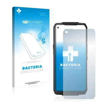 Parte frontal de un envase de producto con el logotipo de la marca upscreen. Al lado se muestra el dispositivo Oukitel WP7 con