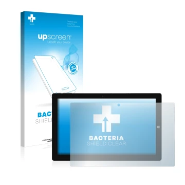 Parte frontal de un envase de producto con el logotipo de la marca upscreen. Al lado se muestra el dispositivo Chuwi UBook 11.