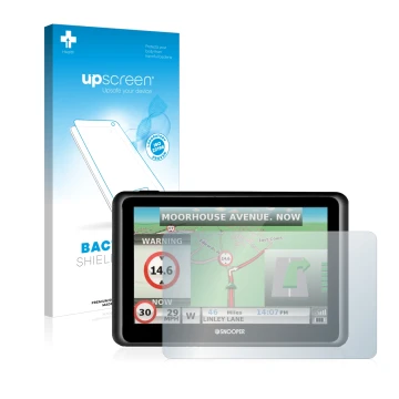 Parte frontal de un envase de producto con el logotipo de la marca upscreen. Al lado se muestra el dispositivo Snooper Truckma