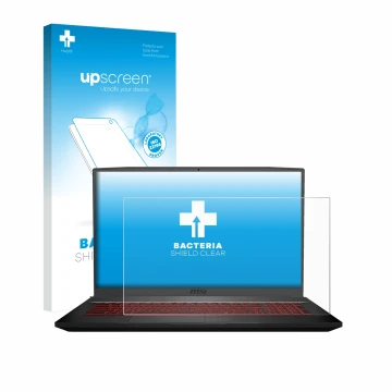 Parte frontal de un envase de producto con el logotipo de la marca upscreen. Al lado se muestra el dispositivo MSI GF75 10SDR-