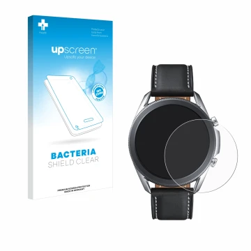 Parte frontal de un envase de producto con el logotipo de la marca upscreen. Al lado se muestra el dispositivo Samsung Galaxy 