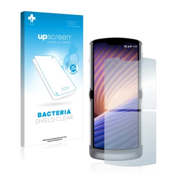 Parte frontal de un envase de producto con el logotipo de la marca upscreen. Al lado se muestra el dispositivo Motorola Razr 5