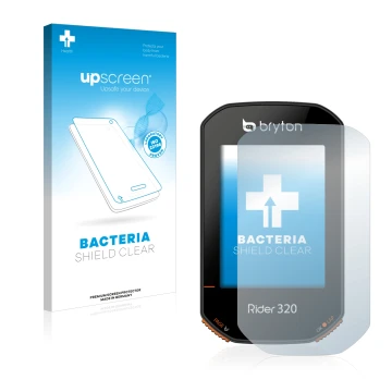 Parte frontal de un envase de producto con el logotipo de la marca upscreen. Al lado se muestra el dispositivo Bryton Rider 32
