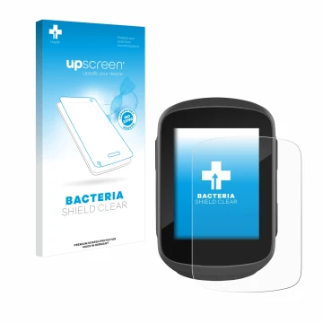 Parte frontal de un envase de producto con el logotipo de la marca upscreen. Al lado se muestra el dispositivo Garmin Edge 130