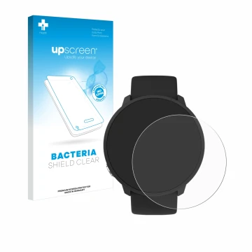 Parte frontal de un envase de producto con el logotipo de la marca upscreen. Al lado se muestra el dispositivo Polar Unite con