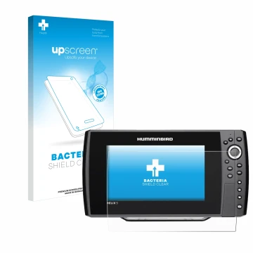 Parte frontal de un envase de producto con el logotipo de la marca upscreen. Al lado se muestra el dispositivo Humminbird Heli