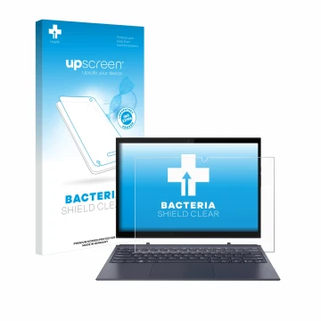 Parte frontal de un envase de producto con el logotipo de la marca upscreen. Al lado se muestra el dispositivo Lenovo Yoga Due