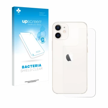 Parte frontal de un envase de producto con el logotipo de la marca upscreen. Al lado se muestra el dispositivo Apple iPhone 12