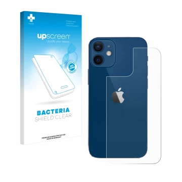 Parte frontal de un envase de producto con el logotipo de la marca upscreen. Al lado se muestra el dispositivo Apple iPhone 12