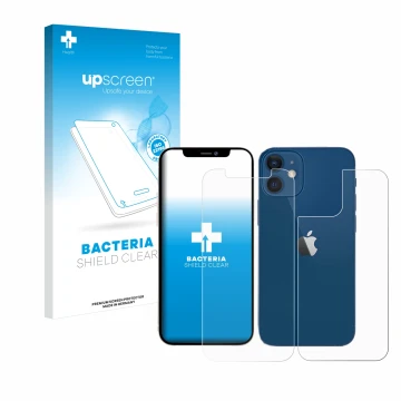 Parte frontal de un envase de producto con el logotipo de la marca upscreen. Al lado se muestra el dispositivo Apple iPhone 12