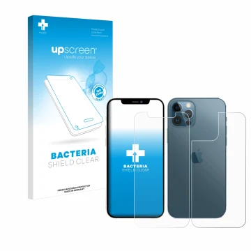 Parte frontal de un envase de producto con el logotipo de la marca upscreen. Al lado se muestra el dispositivo Apple iPhone 12