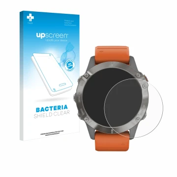 Parte frontal de un envase de producto con el logotipo de la marca upscreen. Al lado se muestra el dispositivo Garmin Fenix 6 