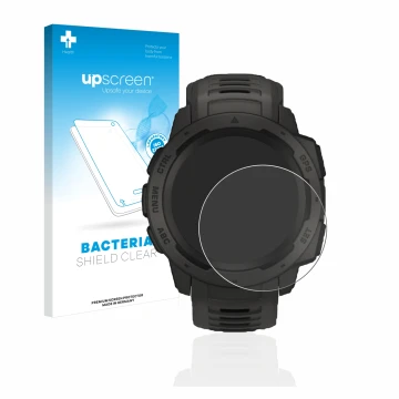 Parte frontal de un envase de producto con el logotipo de la marca upscreen. Al lado se muestra el dispositivo Garmin Instinct