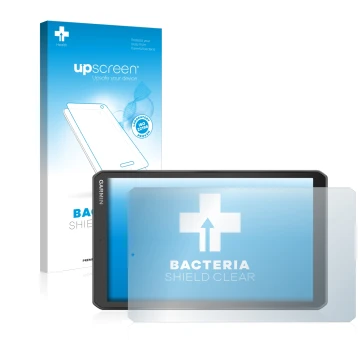 Parte frontal de un envase de producto con el logotipo de la marca upscreen. Al lado se muestra el dispositivo Garmin Camper 8