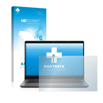 Parte frontal de un envase de producto con el logotipo de la marca upscreen. Al lado se muestra el dispositivo Dell Latitude 1