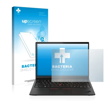 Parte frontal de un envase de producto con el logotipo de la marca upscreen. Al lado se muestra el dispositivo Lenovo ThinkPad