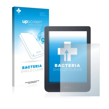 Parte frontal de un envase de producto con el logotipo de la marca upscreen. Al lado se muestra el dispositivo Kobo Nia con su