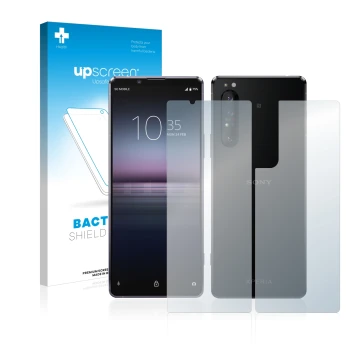 Parte frontal de un envase de producto con el logotipo de la marca upscreen. Al lado se muestra el dispositivo Sony Xperia 1 I