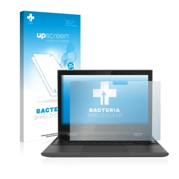 Parte frontal de un envase de producto con el logotipo de la marca upscreen. Al lado se muestra el dispositivo Lenovo 300e (2d