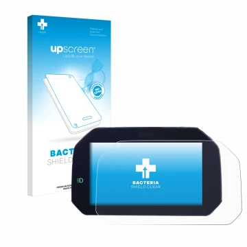 Parte frontal de un envase de producto con el logotipo de la marca upscreen. Al lado se muestra el dispositivo BMW S 1000 RR 2