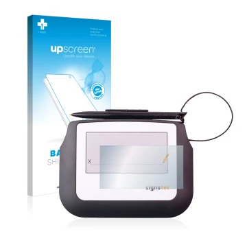 Parte frontal de un envase de producto con el logotipo de la marca upscreen. Al lado se muestra el dispositivo Signotec Signat