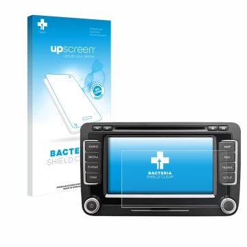 Parte frontal de un envase de producto con el logotipo de la marca upscreen. Al lado se muestra el dispositivo Volkswagen Eos 