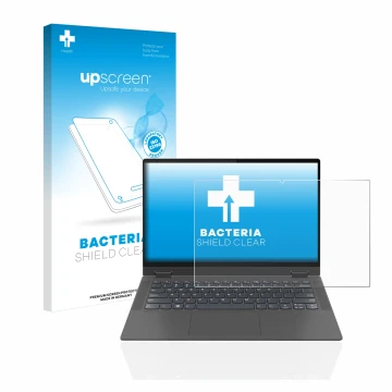 Parte frontal de un envase de producto con el logotipo de la marca upscreen. Al lado se muestra el dispositivo Lenovo IdeaPad 