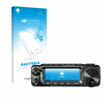 Parte frontal de un envase de producto con el logotipo de la marca upscreen. Al lado se muestra el dispositivo Yaesu FT-891 co