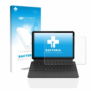 Parte frontal de un envase de producto con el logotipo de la marca upscreen. Al lado se muestra el dispositivo Lenovo IdeaPad 