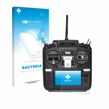 Parte frontal de un envase de producto con el logotipo de la marca upscreen. Al lado se muestra el dispositivo Radiomaster TX1