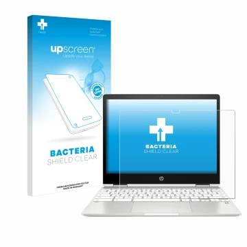 Parte frontal de un envase de producto con el logotipo de la marca upscreen. Al lado se muestra el dispositivo HP Chromebook x