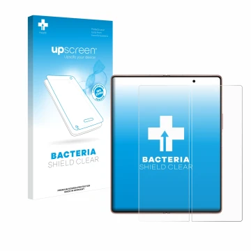 Parte frontal de un envase de producto con el logotipo de la marca upscreen. Al lado se muestra el dispositivo Samsung Galaxy 