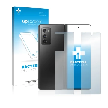 Parte frontal de un envase de producto con el logotipo de la marca upscreen. Al lado se muestra el dispositivo Samsung Galaxy 