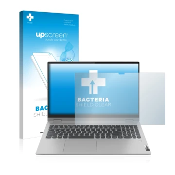 Parte frontal de un envase de producto con el logotipo de la marca upscreen. Al lado se muestra el dispositivo Lenovo IdeaPad 