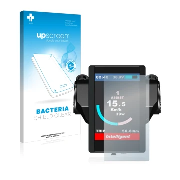 Parte frontal de un envase de producto con el logotipo de la marca upscreen. Al lado se muestra el dispositivo Bafang 850c con