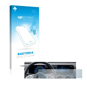 Parte frontal de un envase de producto con el logotipo de la marca upscreen. Al lado se muestra el dispositivo Mercedes-Benz G