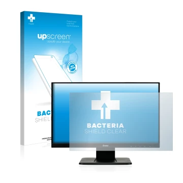 Parte frontal de un envase de producto con el logotipo de la marca upscreen. Al lado se muestra el dispositivo Iiyama ProLite 