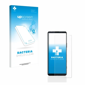 Parte frontal de un envase de producto con el logotipo de la marca upscreen. Al lado se muestra el dispositivo Sony Xperia 5 I